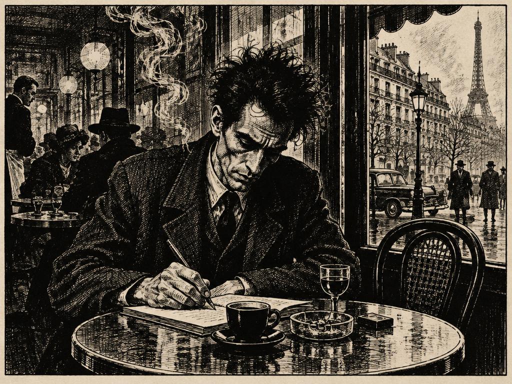 A gaunt writer at a Paris café table