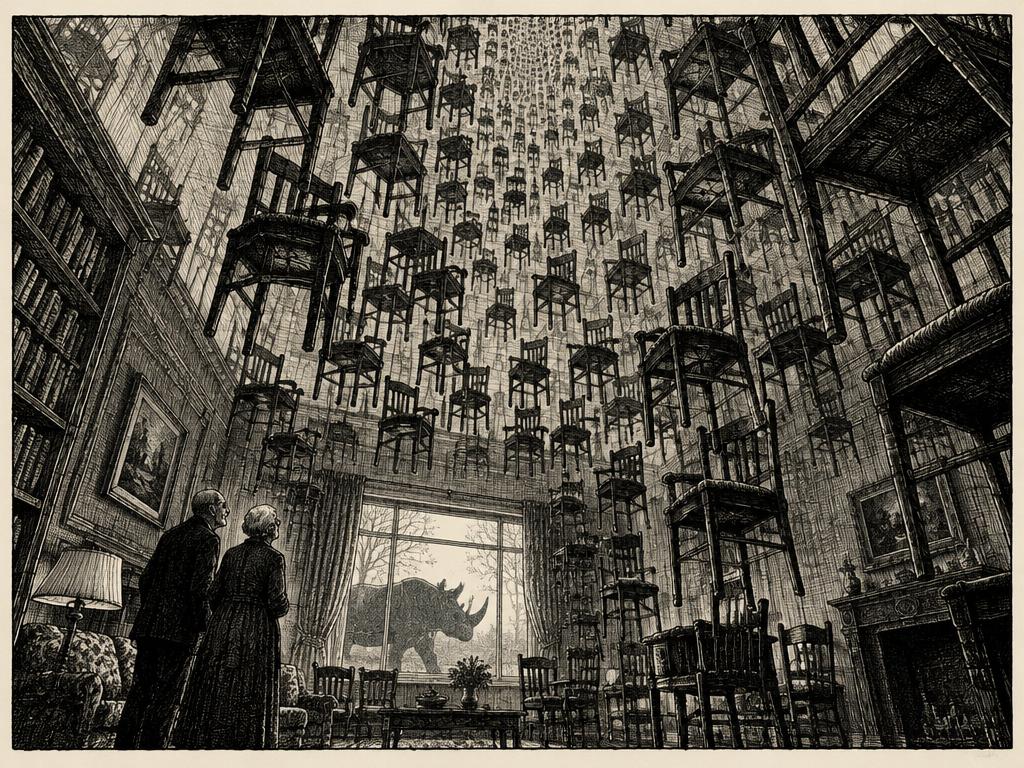 Chairs multiplying in a room, a rhinoceros at the window