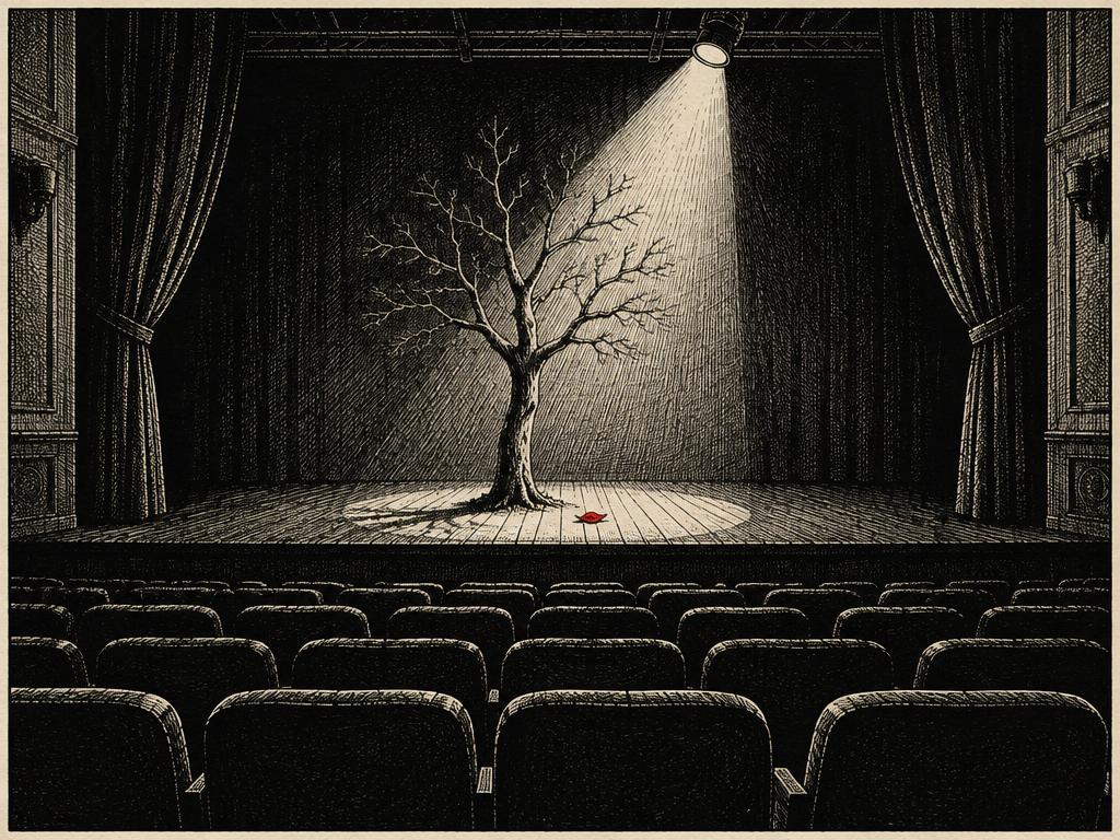 An empty stage with a single tree in a spotlight